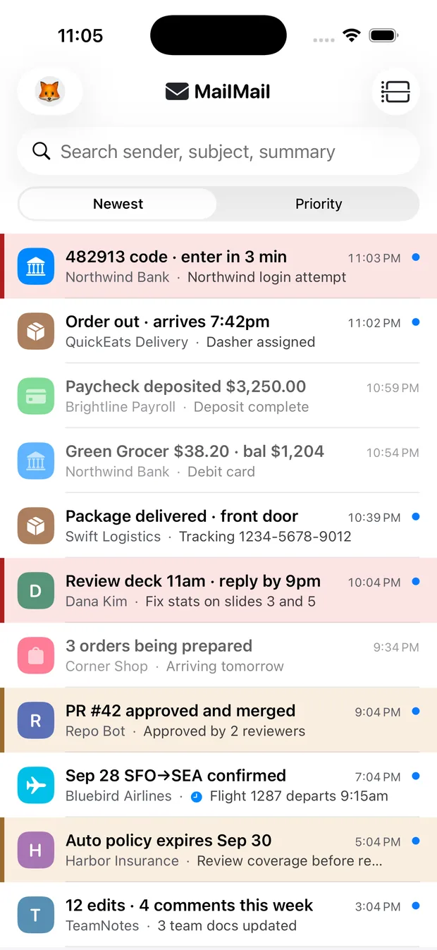 MailMail summary inbox — each mail shows an AI summary headline with sender and key point below